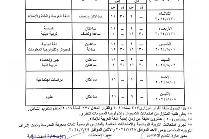 غدا.. امتحانات الدور الثاني لالشهادة الاعدادية بالمنيا 2023-2024 (جدول الامتحانات) أعلنت مديرية التربية والتعليم بالمنيا، اليوم الاثنين 29 يوليو، بدء