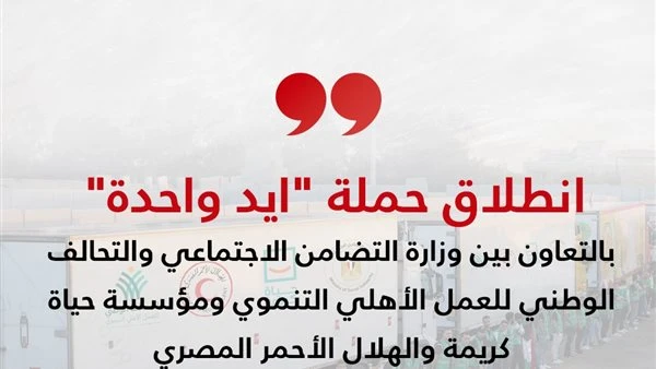 التضامن: انطلاق حملة إيد واحدة بالتعاون مع التحالف الوطني وحياة كريمة والهلال الأحمرأعلنت الدكتورة مايا مرسي وزيرة التضامن الاجتماعي انطلاق الحملة