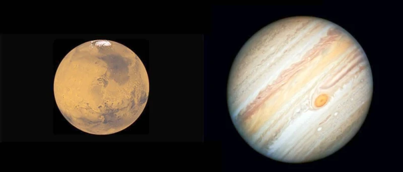 يقترب المريخ والمشتري في سماء الليل من أقرب نقطة لهما هذا العقد، وسيكونان غدا (الأربعاء)، قريبين للغاية بعضهما من بعض، لدرجة أن شريحة صغيرة من القمر يمكن أن تفصل بينهما.وفي الواقع،