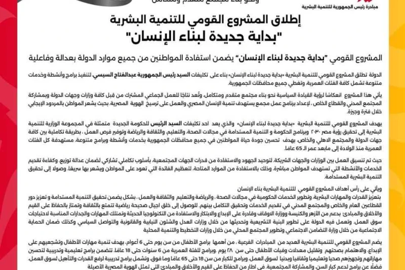 وزارة الصحة تطلق المشروع القومي بداية جديدة لبناء الإنسان أعلنت وزارة الصحة والسكان عن إطلاق المشروع القومي للتنمية البشرية بداية جديدة لبناء الإنسان