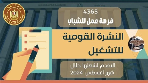 4962 فرصة عمل جديدة في 94 شركة خاصة تنتظر شباب 18 محافظةأصدرت وزارة العمل اليوم الجمعة، نشرة التوظيف نصف الشهرية ،التي تعلن فيها عن فرص عمل جديدة في