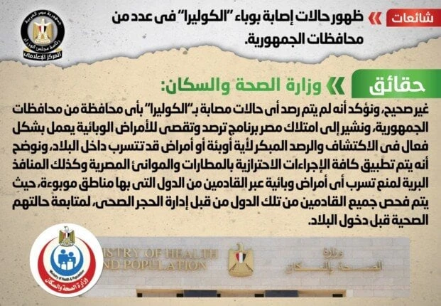 الصحة توضح حقيقة ظهور حالات إصابة ب الكوليرا في مصرانتشر في بعض صفحات التواصل الاجتماعي أنباء حول ظهور حالات إصابة بوباء الكوليرا في عدد من محافظات