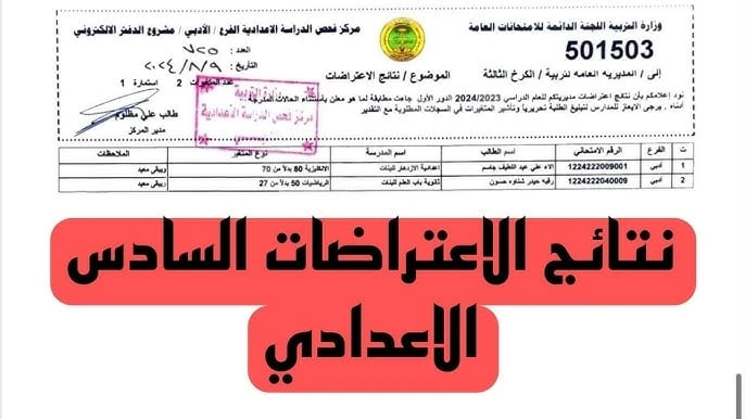 كشوف نتائج اعتراضات السادس إعدادي 2024 بالإسم والرقم الإمتحاني جميع المحافظات العراقيةاعلان نتائج اعتراضات السادس الإعدادي 2024 جميع الفروع الأدبي