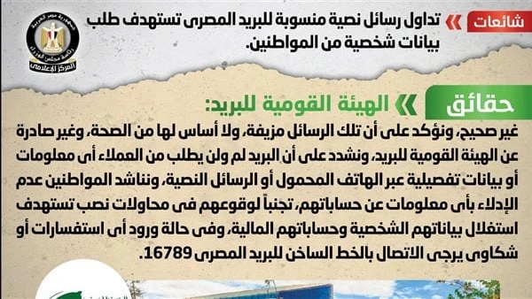 الحكومة تكشف حقيقة رسائل البريد المصري لطلب البيانات الشخصية من المواطنيننفي المركز الإعلامي بمجلس الوزراء، ما تداولت بعض صفحات التواصل الاجتماعي