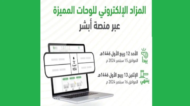 المرور السعودي يطرح مزاد اللوحات الإلكتروني الأحد 12 ربيع الأول 1446 الموافق 1592024 عبر أبشر تفاصيلالإدارة العامة للمرور تنوه عن طرح مزاد اللوحات