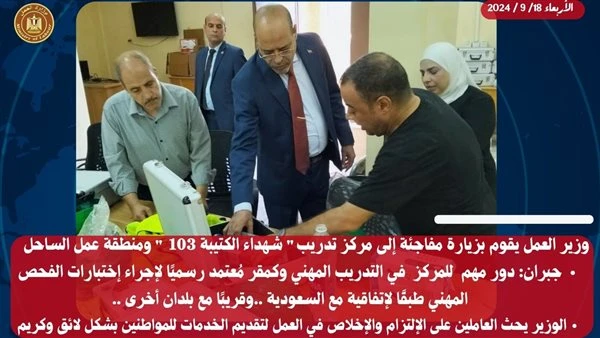 جبران: مراكز تدريب وزارة العمل معتمدة رسميا لإجراء اختبارات الفحص المهني مع السعوديةقام وزير العمل محمد جبران، اليوم الاربعاء ،بزيارة مفاجئة إلى