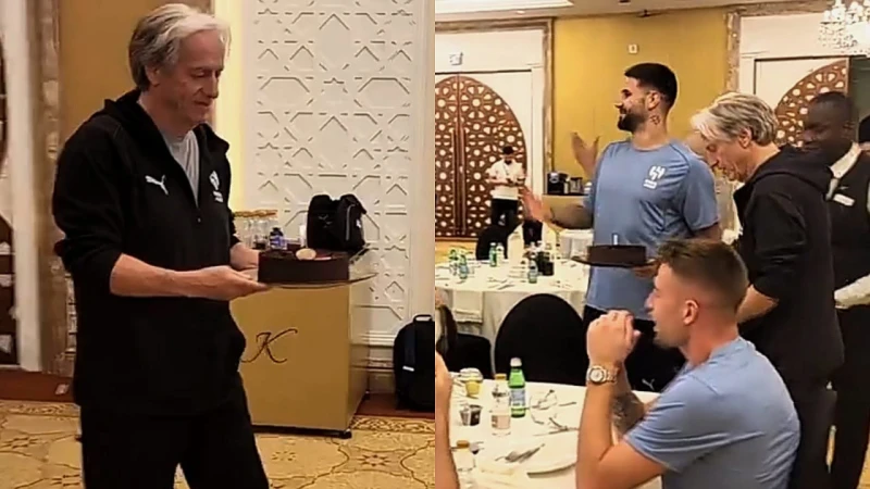 -جيسوس ولاعبوا الهلال يحتفلون بيوم ميلاد ميتروفيتش .. فيديو .. احتفل المدير الفني للفريق الأول لكرة القدم بنادي الهلال، جورجي جيسوس، مع لاعبي الفريق، بيوم ميلاد، الصربي ألكسندر ميت