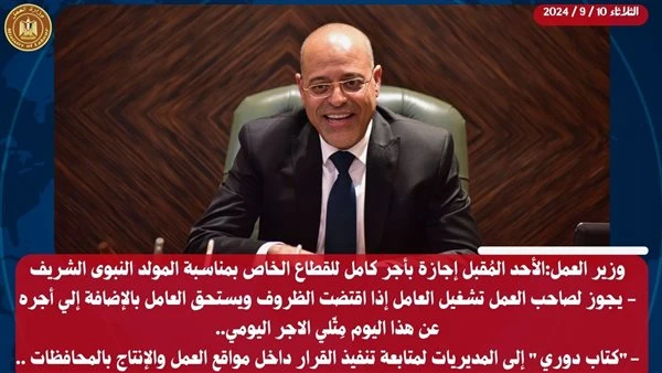 وزير العمل: الأحد المقبل إجازة بأجر كامل للقطاع الخاص بمناسبة المولد النبوىأعلن محمد جبران وزير العمل اليوم الثلاثاء، أن يوم الأحد المقبل الموافق الثاني عشر من شهر ربيع الأول للعام