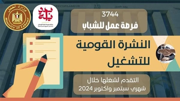 اغتنم الفرصة.. أعرف أماكن وعناوين 3744 فرصة عمل في 82 شركةأصدرت وزارة العمل اليوم الجمعة، نشرة التوظيف نصف الشهرية ،التي تعلن فيها عن فرص عمل جديدة