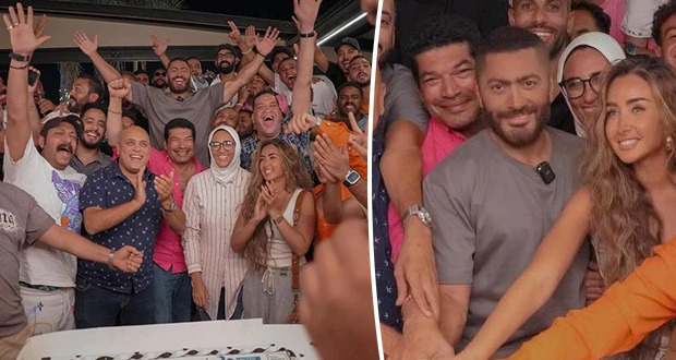 بالصور تامر حسني يحتفل مع أبطال ريستارت بانتهاء التصوير افاق عربية - احتفل النجم المصري تامر حسني مع أبطال وصناع أحدث أفلامه ريستارت بانتهاء التصوير،