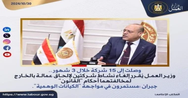 كتب أيمن بحر قرر محمد جبران وزير العمل اليوم الأربعاء إلغاء وإيقاف نشاط شركتين من شركات إلحاق العمالة المصرية بالخارج حيث قرر إلغاء نشاط شركة خط