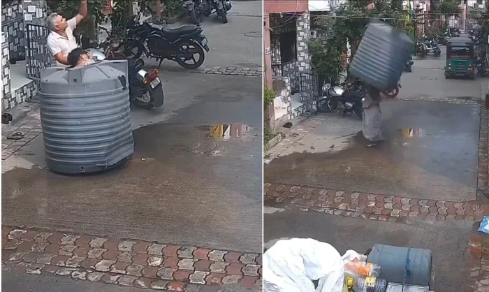 شاهد لحظة سقوط خزان ماء على امرأة في الهند.. ومفاجأة بشأن مصيرها وثق مقطع فيديو لحظة سقوط خزان ماء من أعلى سطح منزل على امرأة دون أن يصيبها شيء في