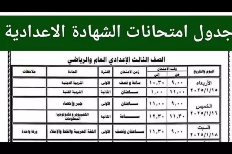 استعدوا يا طلاب .. جدول امتحانات الصف الثالث الاعدادي ترم اول القاهرة لجميع المواد تم الإعلان رسميا عن جدول امتحانات الصف الثالث الاعدادي القاهرة الترم الاول، وذلك مع اقتراب موعد ا