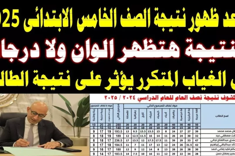 برقم الجلوس والاسم.. نتيجه الصف الخامس الابتدائي الترم الاول عبر موقع وزارة التربية والتعليم نتائج الامتحانات 2025 ينتظر الآلاف من الطلاب وأولياء الأمور الإعلان عن نتيجه الصف الخام