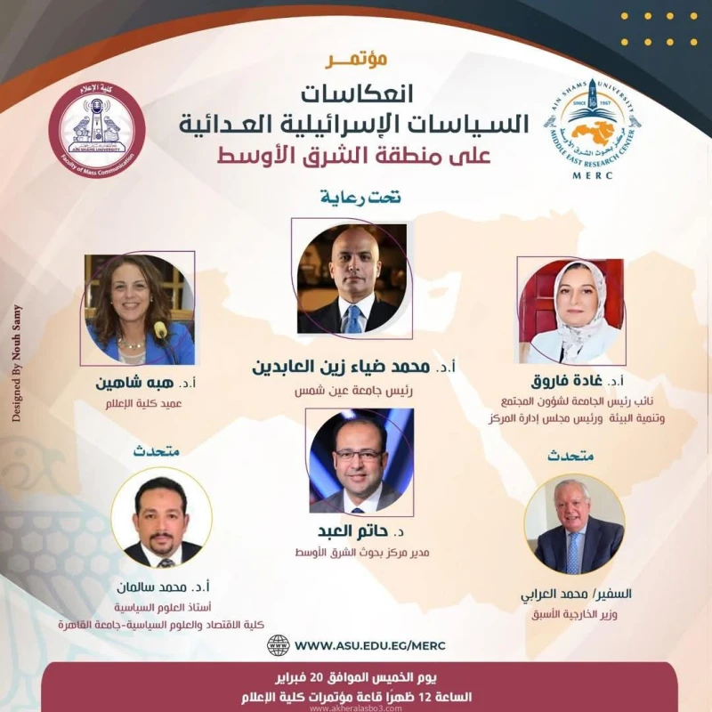 مركز بحوث الشرق الأوسط يستعرض انعكاسات السياسات الإسرائيلية في مؤتمر جديد كتب - محمود الهندي تحت رعاية ا.د محمد ضياء زين العابدين رئيس جامعة عين شمس و أ.د غادة فاروق نائب رئيس الجا