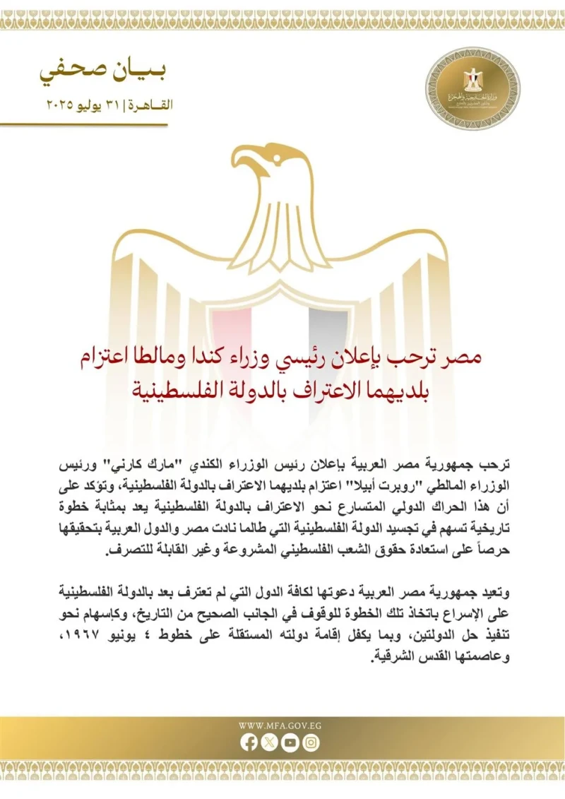 مصر تعبر عن ترحيبها بإعلان كندا ومالطا نيتهما الاعتراف بفلسطين كدولة.