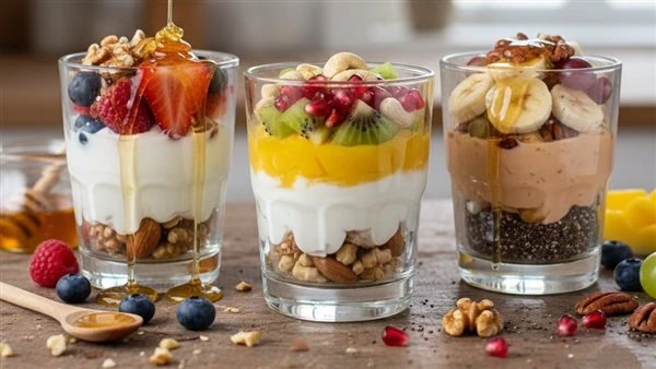 كاسات الزبادي بالفواكه والمكسرات والعسل، فطار خفيف أو سناك مشبع