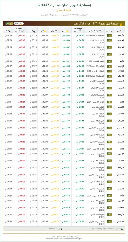 إمساكية رمضان 2026 مصر القاهرة ومواقيت الصلاة