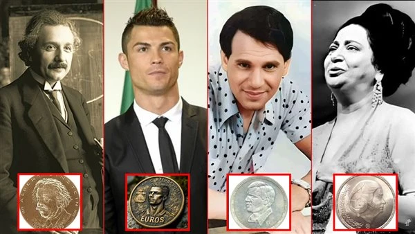إنفوجراف افاق عربية.. العندليب وكوكب الشرق وأينشتاين ورونالدو وجوه خُلدت على عملات تذكارية